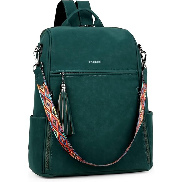 Women's Dark Green Suede Style Backpack Designer 15.6 inch PU Leather Laptop Bag - Picture 8 of 9